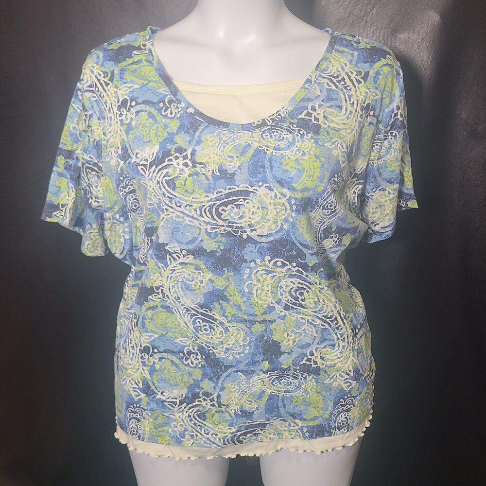 Basic Editions Paisley Blue Green White Lettuce Ruffle Blouse Size 3X